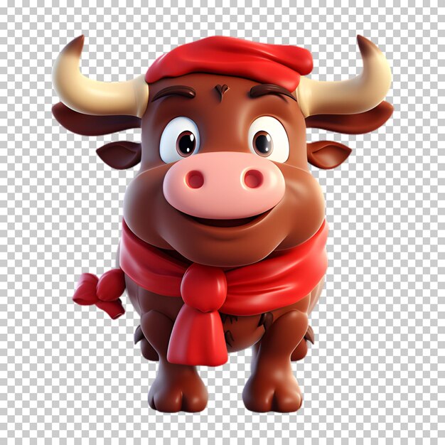 PSD cute funny bull wearing santa hat for christmas illustration transparent background