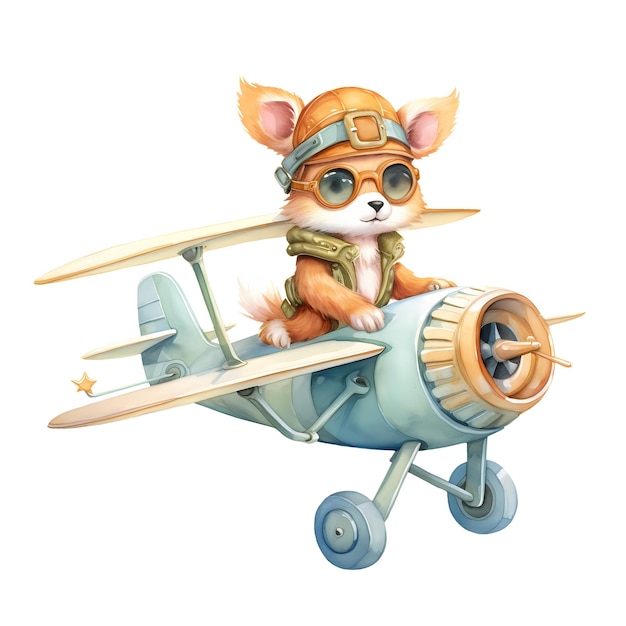 PSD cute funny fox vintage plane clipart illustration