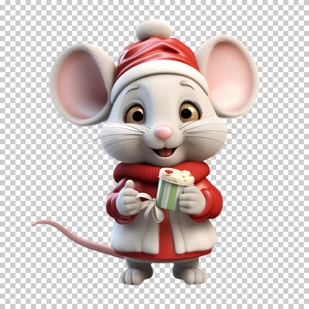 PSD cute funny mouse wearing santas hat for christmas transparent background