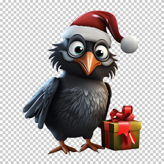 Cute funny raven wearing santa hat for christmas illustration transparent background
