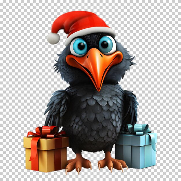 Cute funny raven wearing santa hat for christmas illustration transparent background