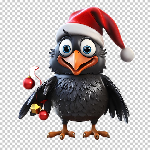 PSD cute funny raven wearing santa hat for christmas illustration transparent background