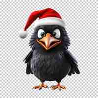 PSD cute funny raven wearing santa hat for christmas illustration transparent background