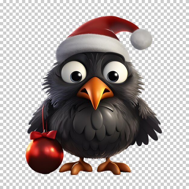 PSD cute funny raven wearing santa hat for christmas illustration transparent background