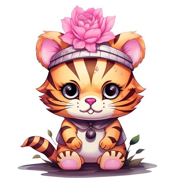 Cute funny tiger with flowers watercolor clipart illustration