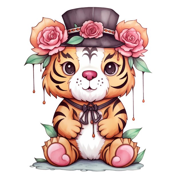 Cute funny tiger with flowers watercolor clipart illustration