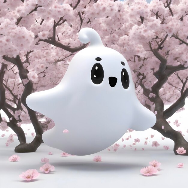 PSD a cute ghost in a cherry blossom forest aigenerated