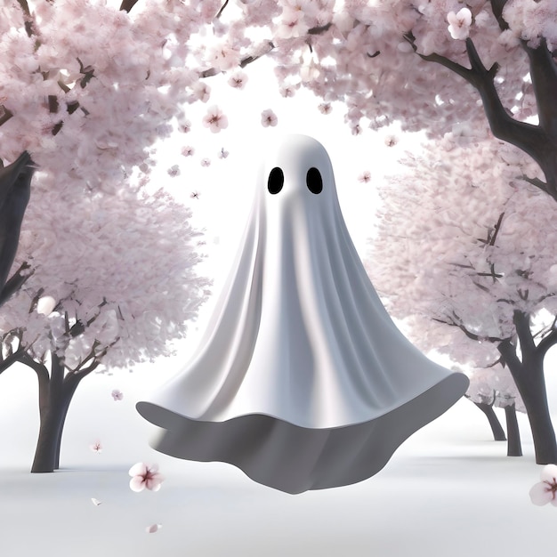 A cute ghost in a cherry blossom forest aigenerated