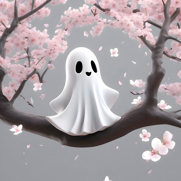 PSD a cute ghost in a cherry blossom forest aigenerated