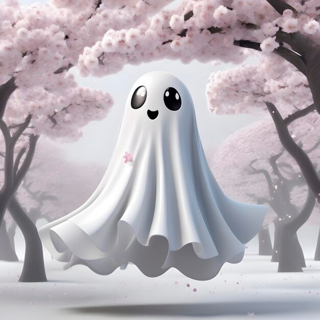 PSD a cute ghost in a cherry blossom forest aigenerated