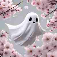 PSD a cute ghost in a cherry blossom forest aigenerated