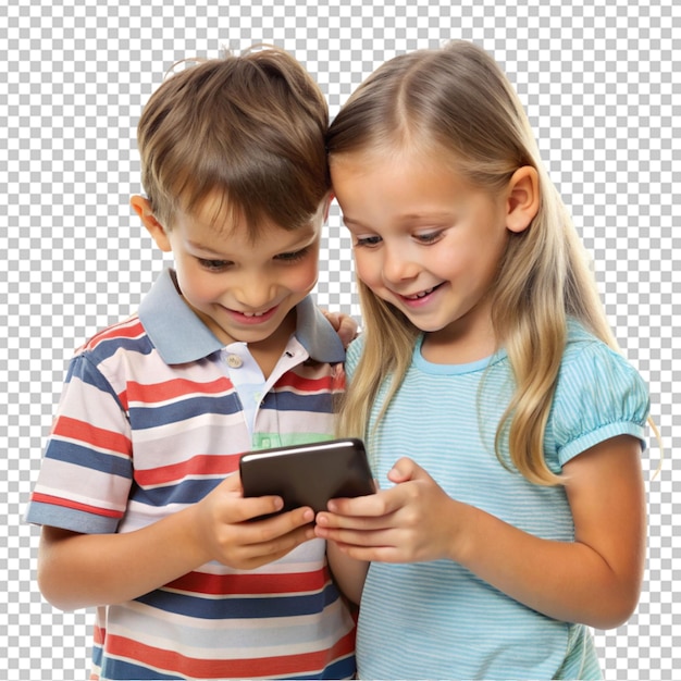 PSD cute girl and boy looking into the phone on transparent background