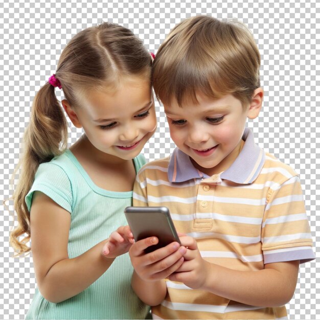 PSD cute girl and boy looking into the phone on transparent background