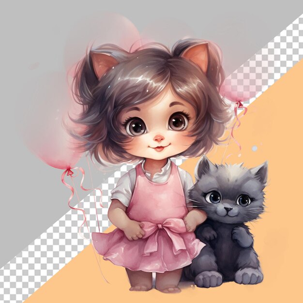 PSD cute girl cat wearing frock pink theme