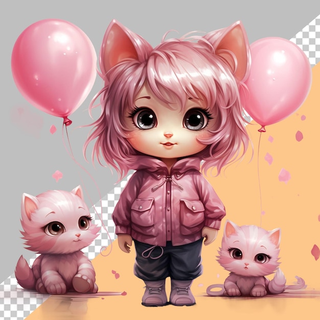 PSD 귀여운 소녀 고양이 옷을 입고 분홍색 테마
