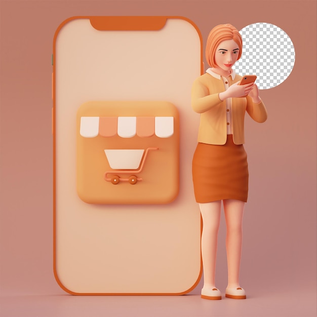 PSD cute girl checking online shop product and buy it, 3d character illustration