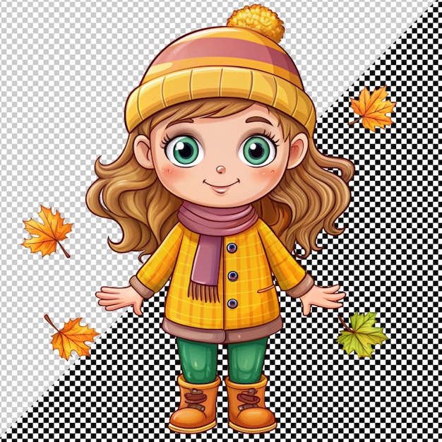 PSD cute girl dressed in autumn leaves on transparent background