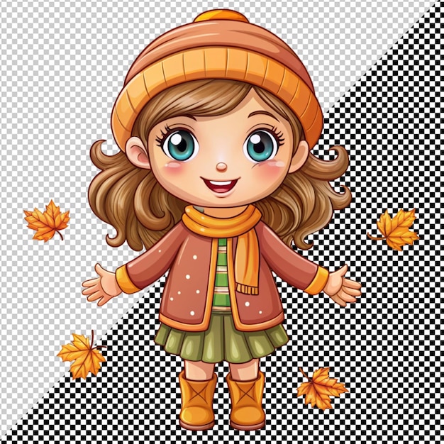 Cute girl dressed in autumn leaves on transparent background