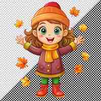 PSD cute girl dressed in autumn leaves on transparent background
