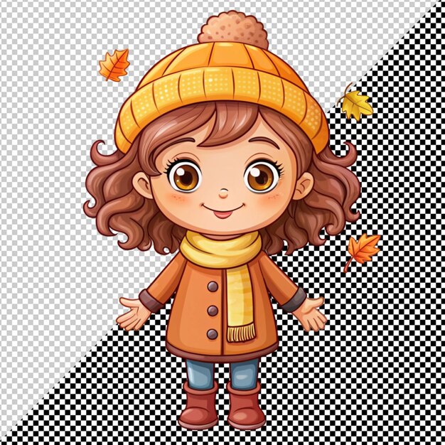 PSD cute girl dressed in autumn leaves on transparent background