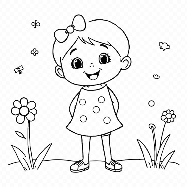 꽃 정원 에 있는 귀여운 소녀 그림 과 컬러링 책