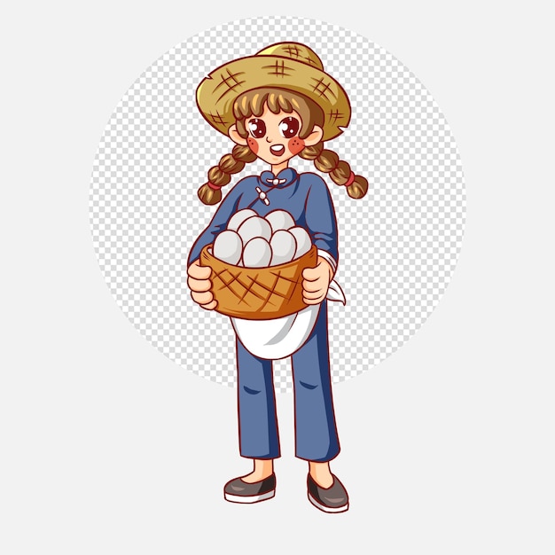 PSD 卵の漫画のキャラクターでいっぱいのバスケットを保持している養鶏農家のかわいい女の子