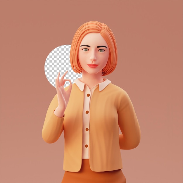 Cute girl ok hand gesture, 3d character illustration