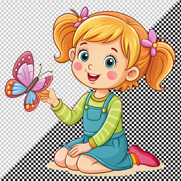 PSD cute girl playing with butterfly vector on transparent background