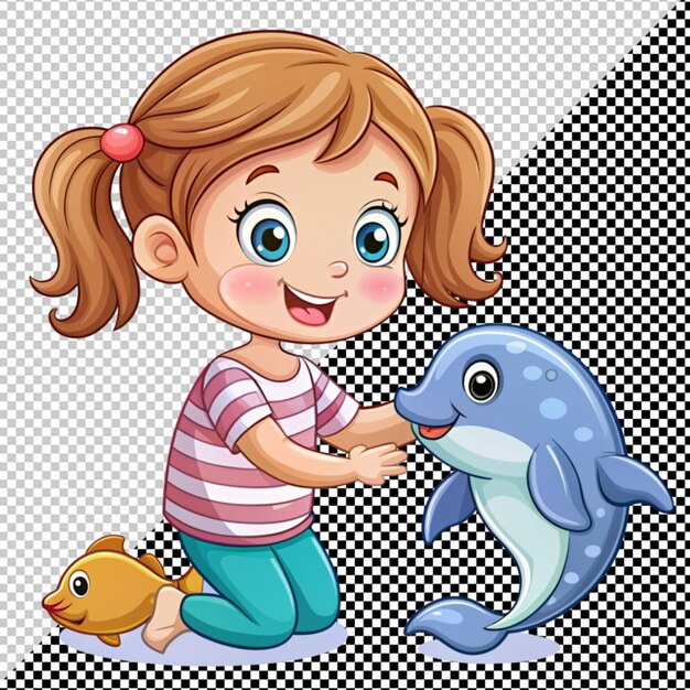 PSD cute girl playing with sea animals