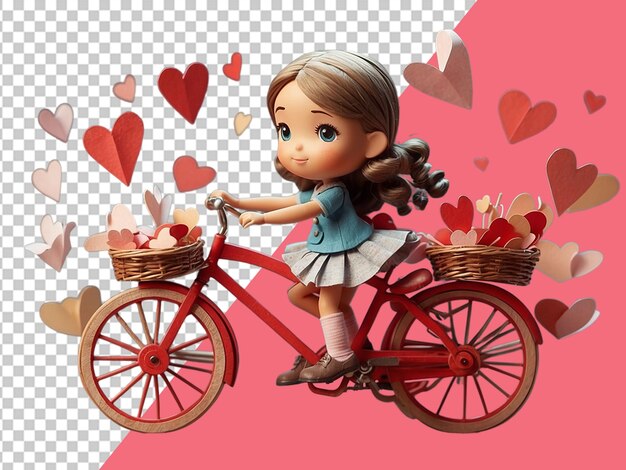 PSD cute girl riding a bicycle with floating hearts