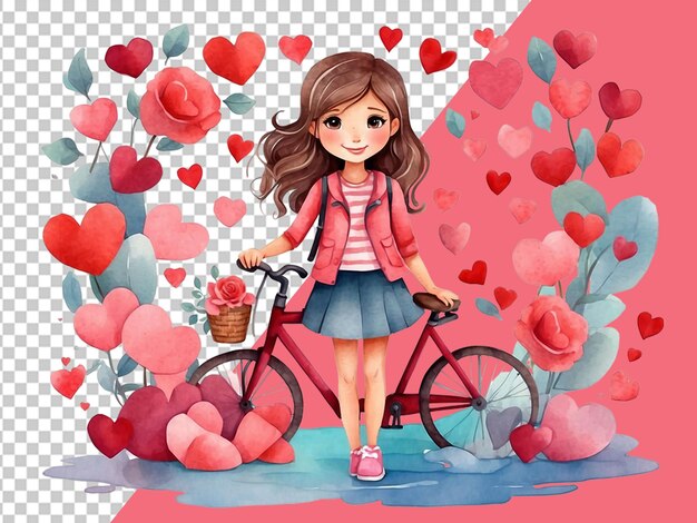 PSD cute girl riding a bicycle with floating hearts