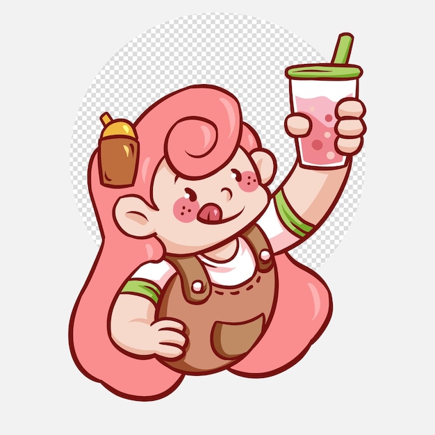 Cute girl smiling holding glass of drink in handhand drawn cartoon art illustration