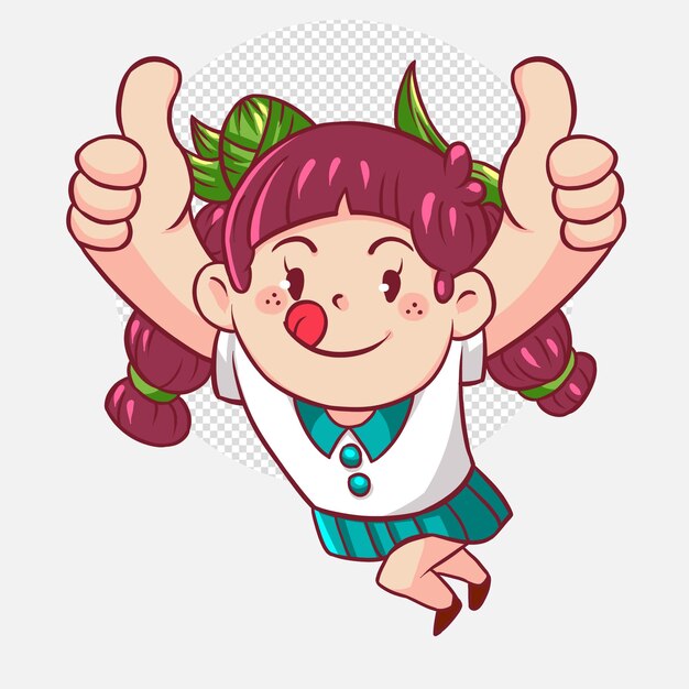 PSD cute girl in thailand style thumbs up sign logo hand drawn cartoon art illustration