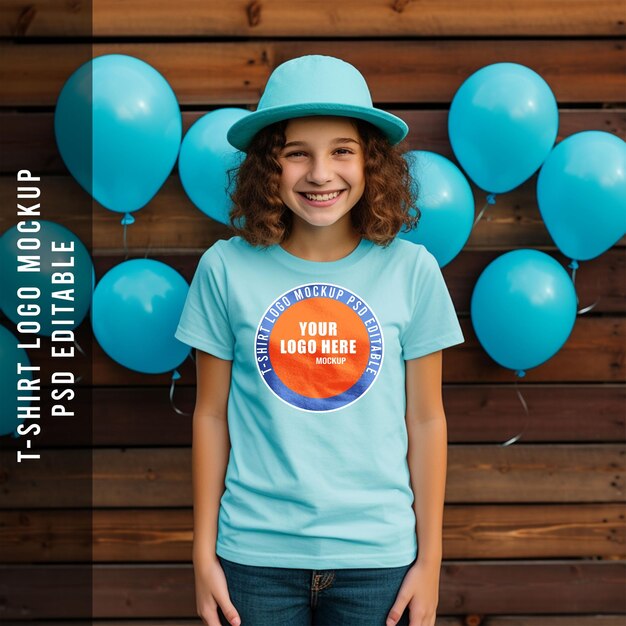 PSD a cute girl tshirt mockup a wood texter and the balloon background