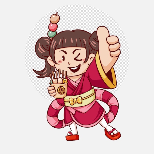 日本のカチューシャと服を着たかわいい女の子で、おでんの和食漫画のマスコットデザインが施されています