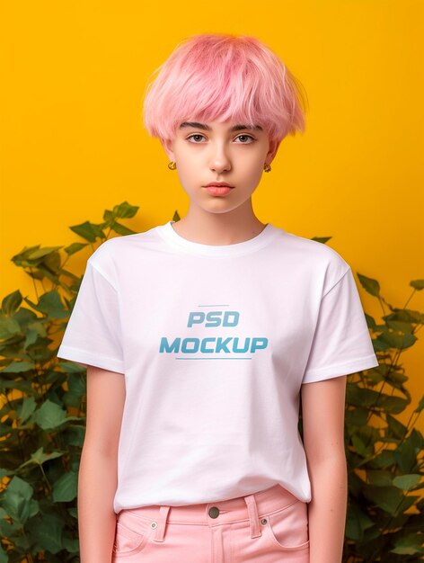 Cute girl wearing white tshirt mockup design psd