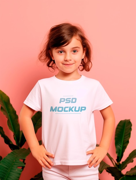 Cute girl wearing white tshirt mockup design psd