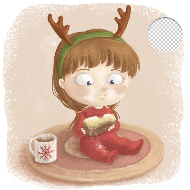 PSD cute girl with christmas girl with pandoro cake isolated kawaii greeting card