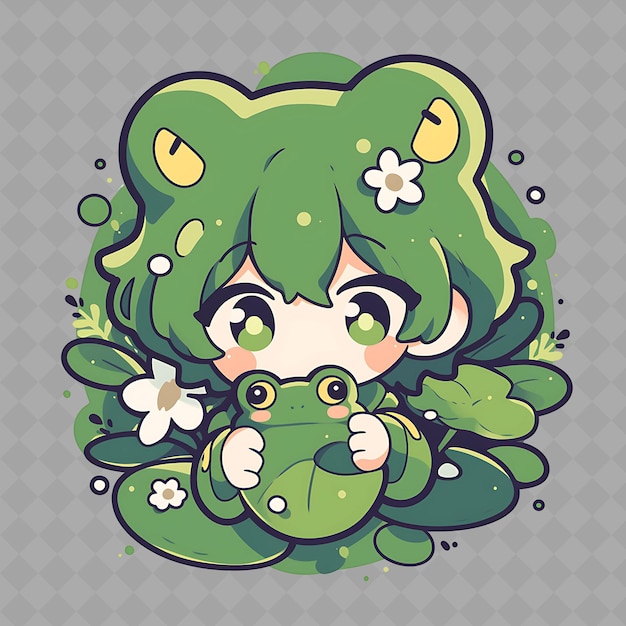 A cute girl with a frog and frog in a green world