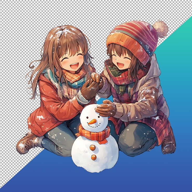 PSD 귀여운 소녀들이 스노우맨 애니메이션을 만니다.