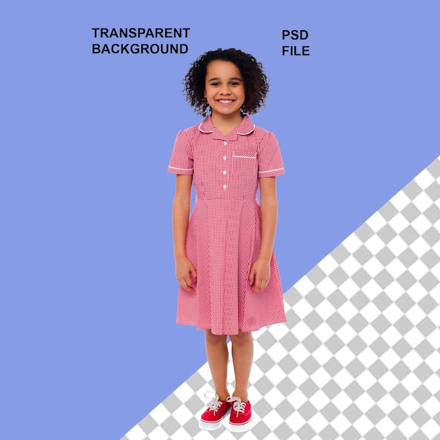 可愛い女の子がモデリングし子供が学校服を着て透明な背景で幸せな笑顔をしている