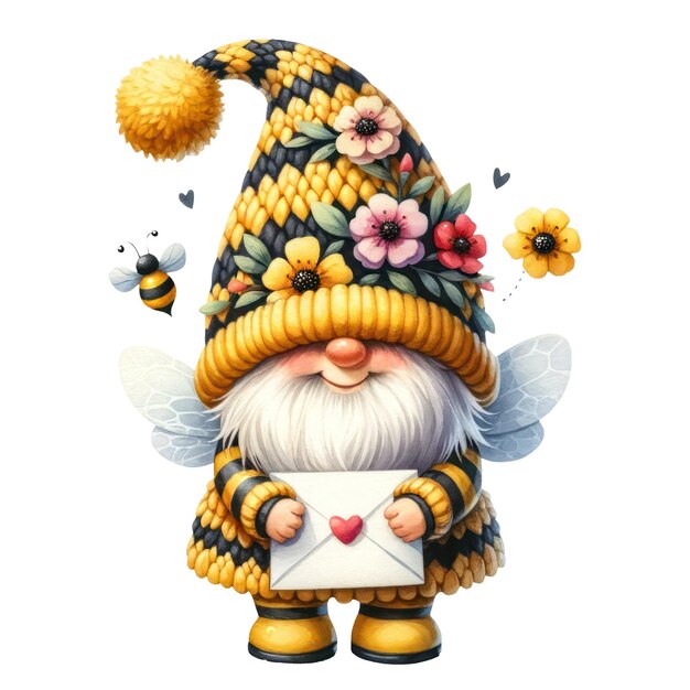 PSD cute gnome in bee themed outfit spreading love valentines clipart illustration