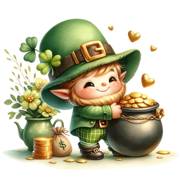 PSD cute gnome carrying a pot of gold clipart illustration