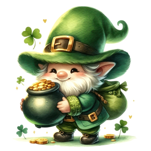 PSD cute gnome carrying a pot of gold clipart illustration