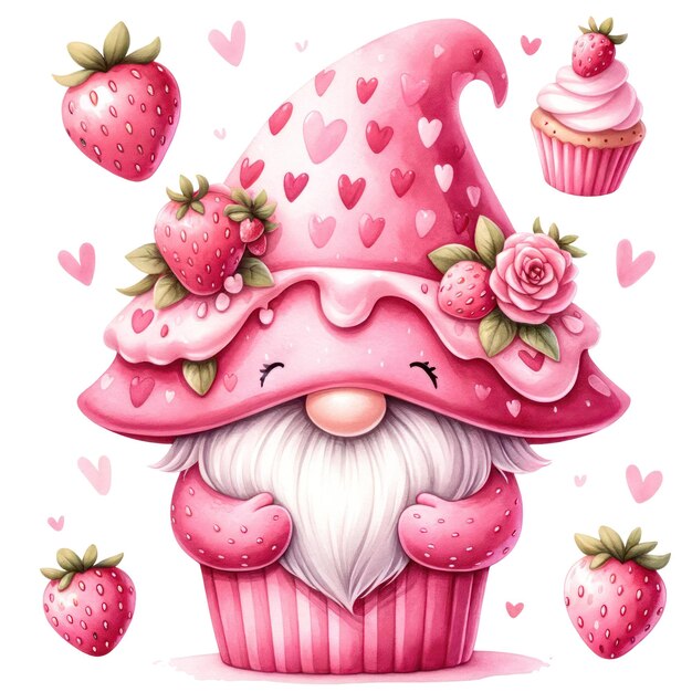 PSD cute gnome cupcake strawberry valentines day clipart illustration