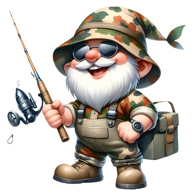 Cute gnome fisherman wearing camouflage watercolor clipart illustration
