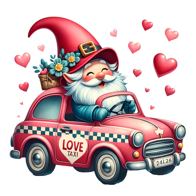 PSD cute gnome love taxi valentine watercolor clipart illustration