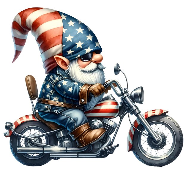 PSD cute gnome riding motorcycle american watercolor clipart illustration