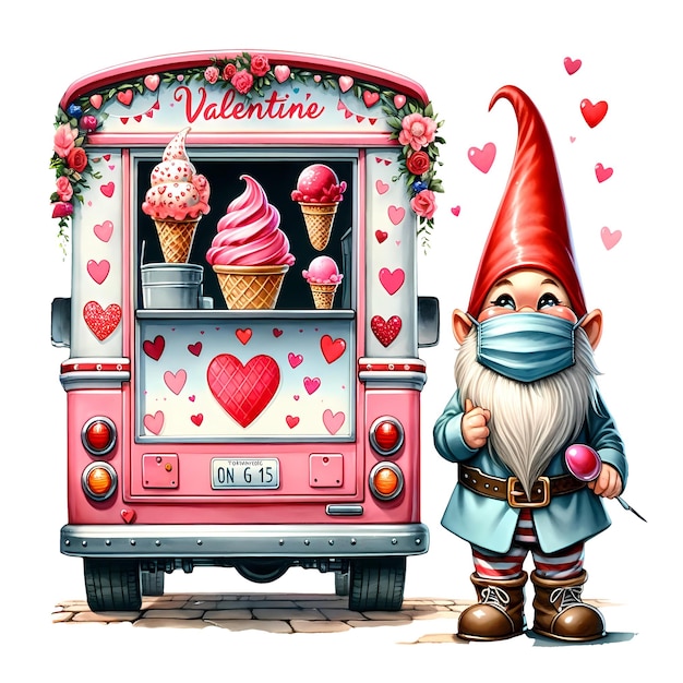 PSD carino gnome valentine ice cream truck acquarello clipart illustrazione