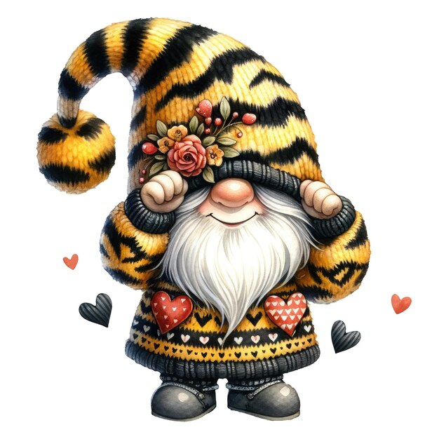 PSD cute gnome wearing tiger pattern valentine watercolor clipart illustration